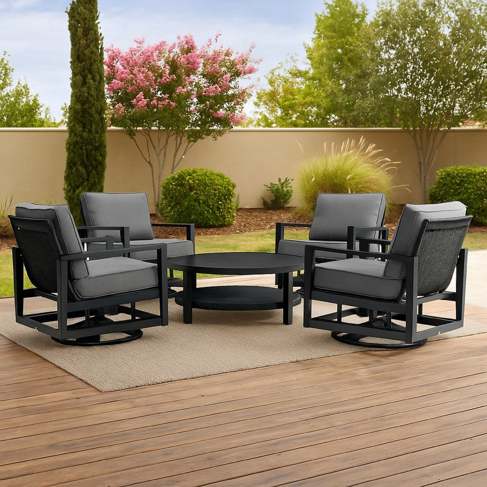 Grop 5pc Outdoor Social Set w 4 Gray Swivel Chairs & Black Coffee Table BM338911