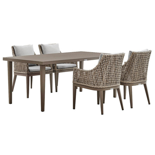 Sork 5pc Outdoor Dining Set | Gray Aluminum Table | 4 Brown Woven Rattan Chairs