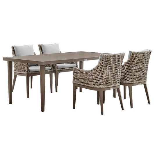 Sork 5pc Outdoor Dining Set | Gray Aluminum Table | 4 Brown Woven Rattan Chairs