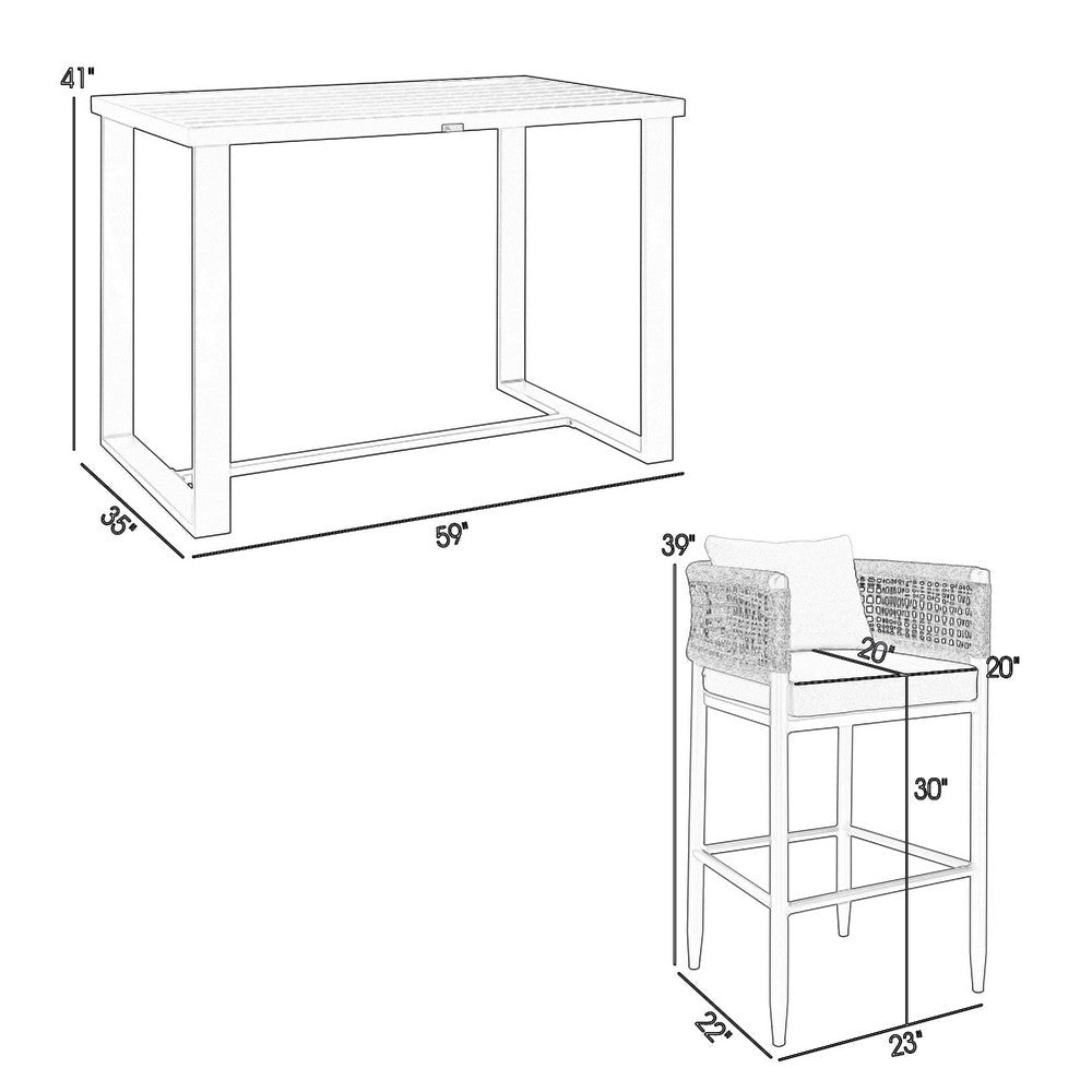 Folo 5pc Outdoor Bar Table Set | Gray Aluminum | 4 Woven Rope Chairs BM338914