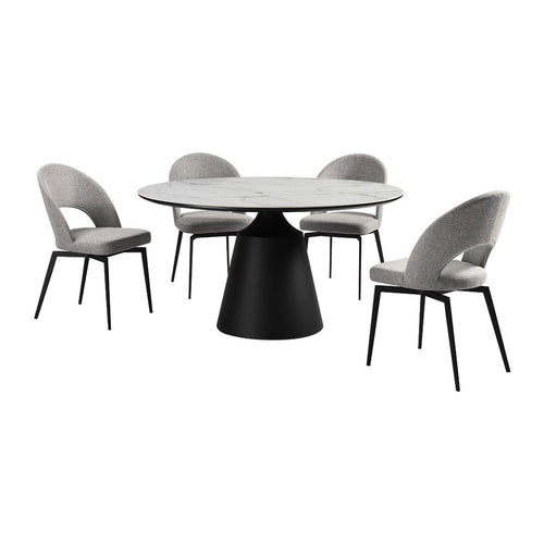Dewi 5pc Dining Table Set | Round White Tabletop | 4 Gray Polyester Chairs