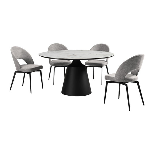 Dewi 5pc Dining Table Set | Round White Tabletop | 4 Gray Polyester Chairs
