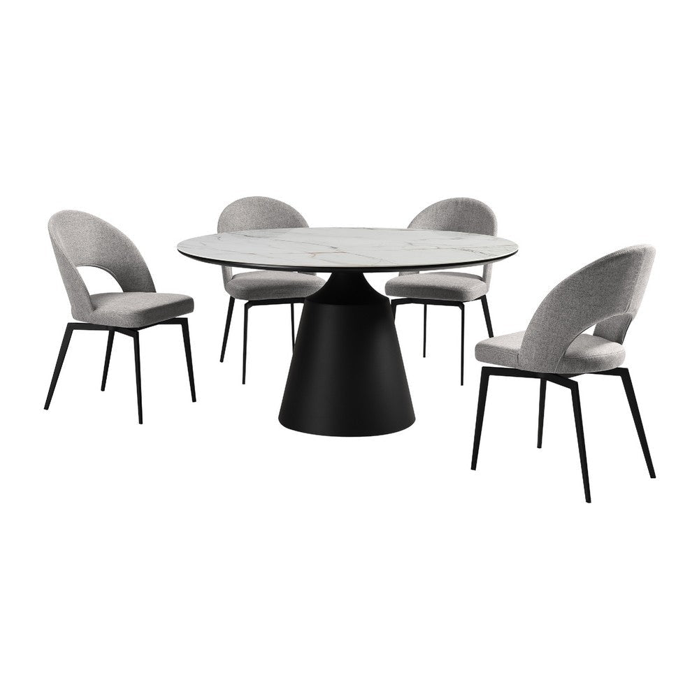 Dewi 5pc Dining Table Set | Round White Tabletop | 4 Gray Polyester Chairs