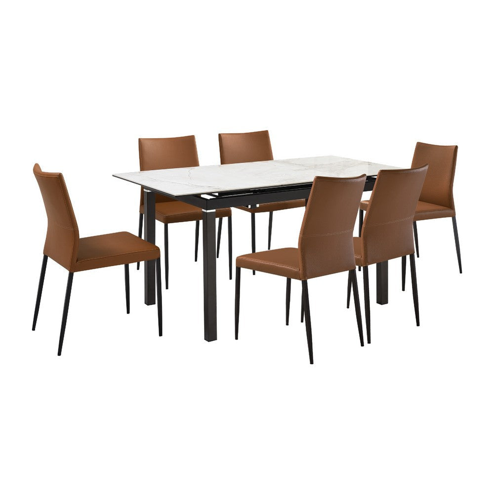 Ina 7pc Dining Table Set | Gray Stone Tabletop | 6 Brown Faux Leather Chairs