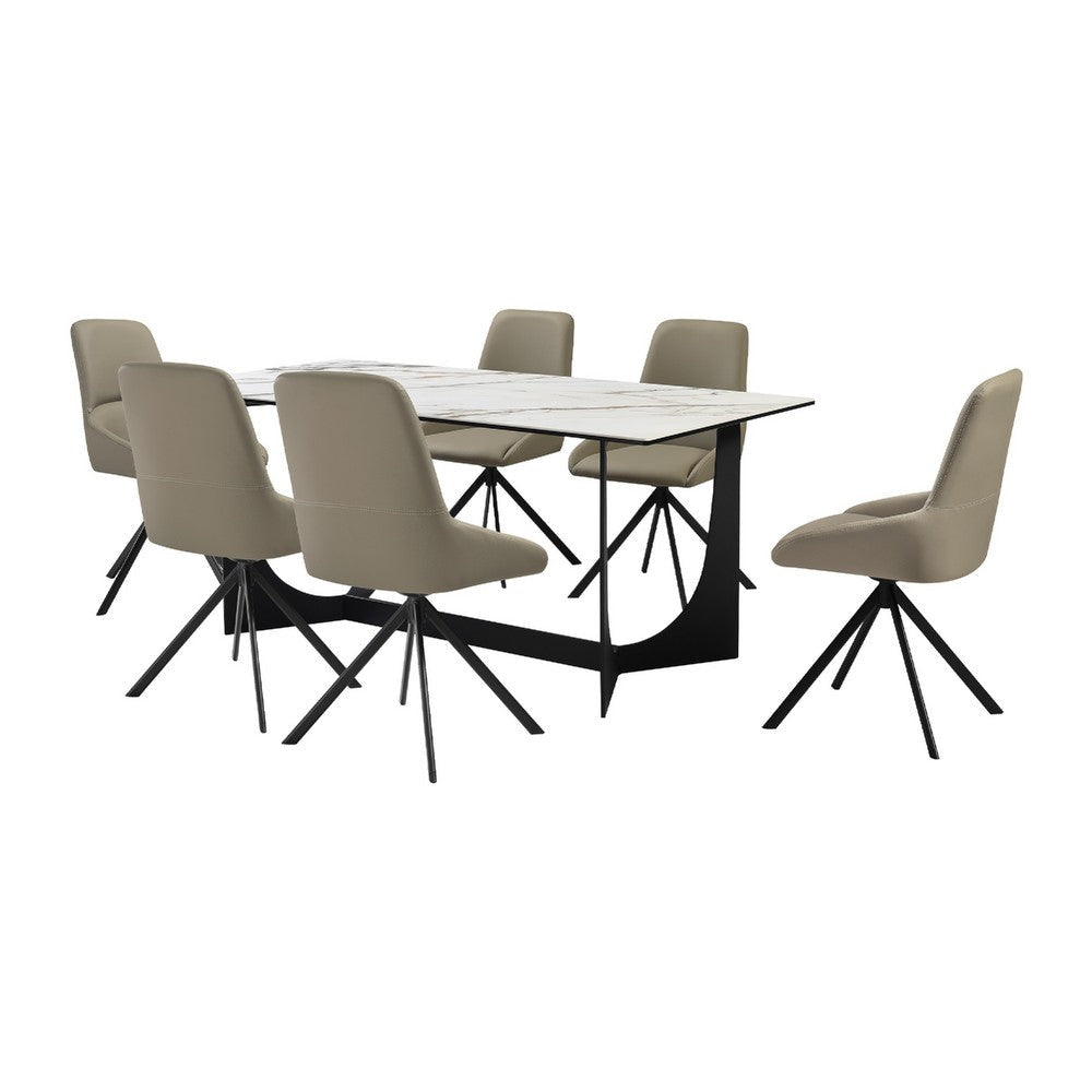 Esoy 7pc Dining Table Set | 6 Gray Faux Leather Chairs | Sintered Stone Top