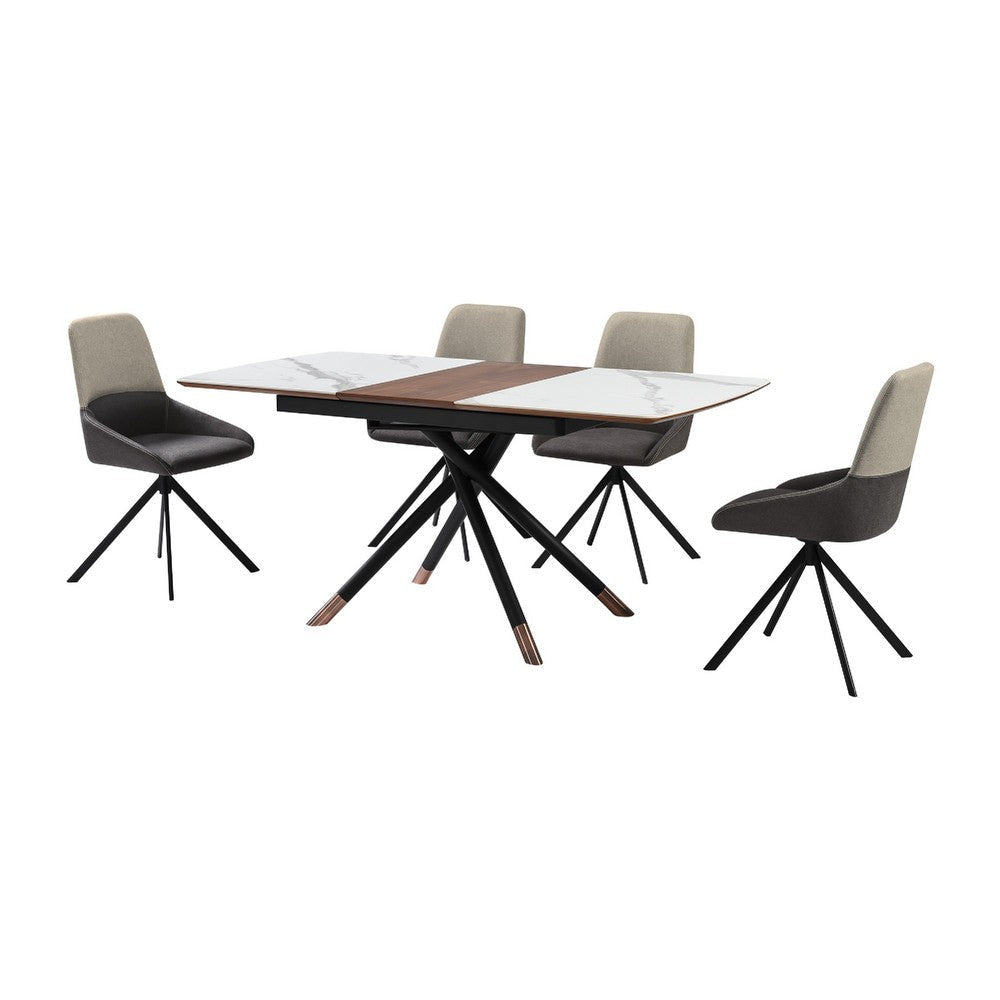 Miom 5pc Dining Table Set | Extendable Top | 4 Gray Fabric Swivel Chairs
