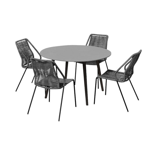 Kolu 5pc Patio Dining Table Set | 4 Gray Rope Chairs | 47" Round Sintered Stone Top