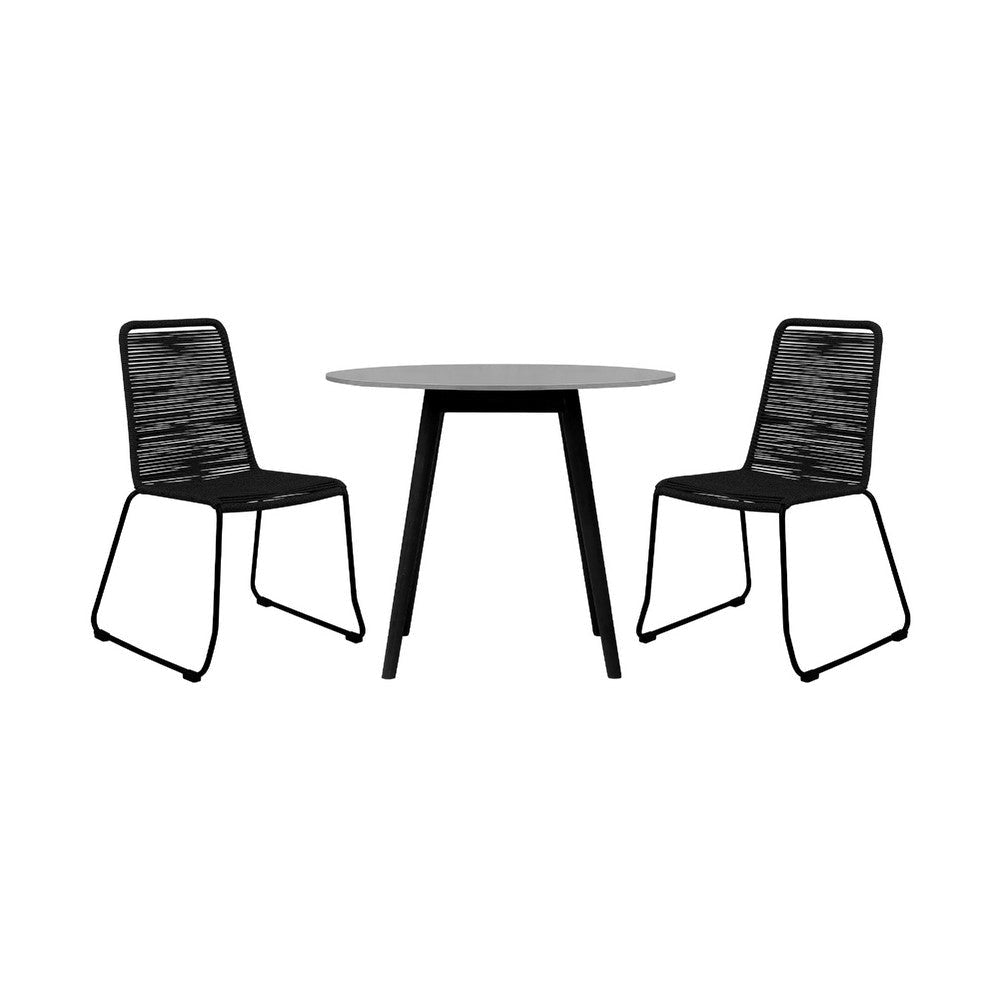 Sosi 3pc Patio Dining Table Set | 2 Black Rope Chairs | 36" Gray Sintered Stone Top