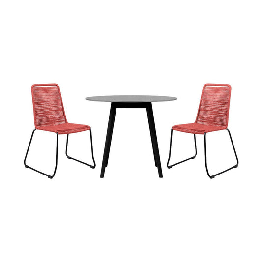Sosi 3pc Patio Dining Table Set | 2 Red Rope Chairs | 36" Gray Sintered Stone Top