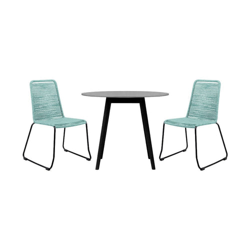 Sosi 3pc Patio Dining Table Set | 2 Teal Blue Rope Chairs | 36" Sintered Stone Top