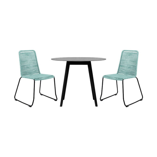 Sosi 3pc Patio Dining Table Set | 2 Teal Blue Rope Chairs | 36" Sintered Stone Top
