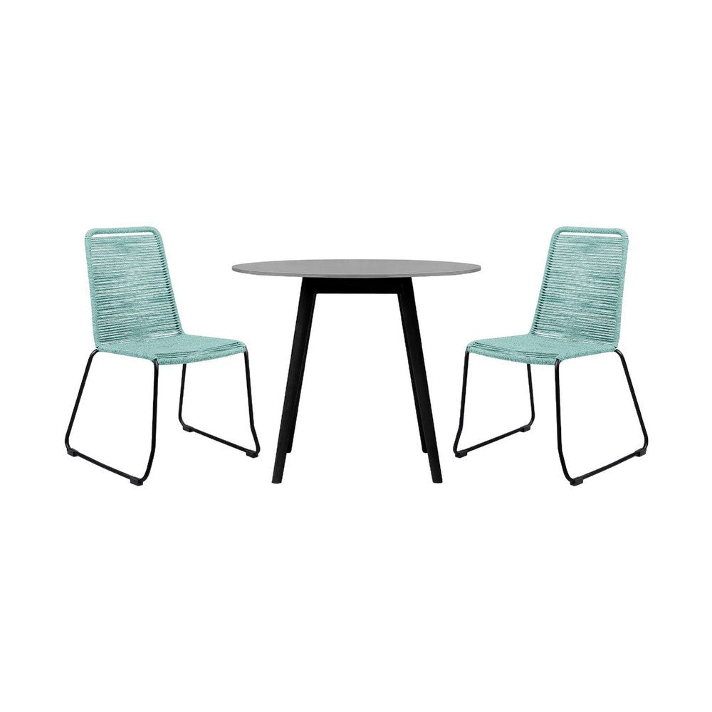 Sosi 3pc Patio Dining Table Set | 2 Teal Blue Rope Chairs | 36" Sintered Stone Top