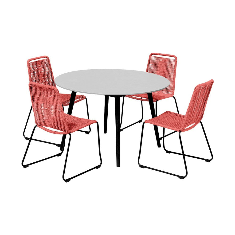 Sosi 5pc Patio Dining Table Set | 4 Red Rope Chairs | 47" Gray Sintered Stone Top