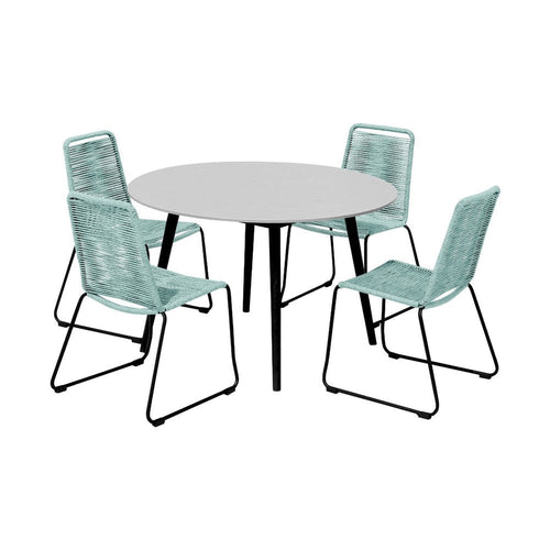 Sosi 5pc Patio Dining Table Set | 4 Teal Blue Rope Chairs | 47" Sintered Stone Top