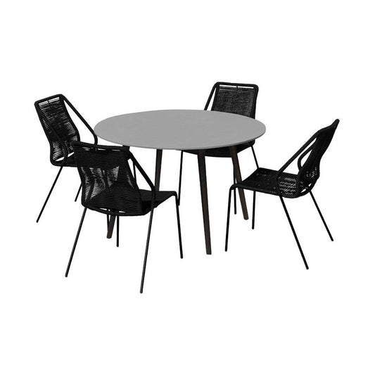 Kolu 5pc Patio Dining Table Set | 4 Black Rope Chairs | 47" Round Sintered Stone Top