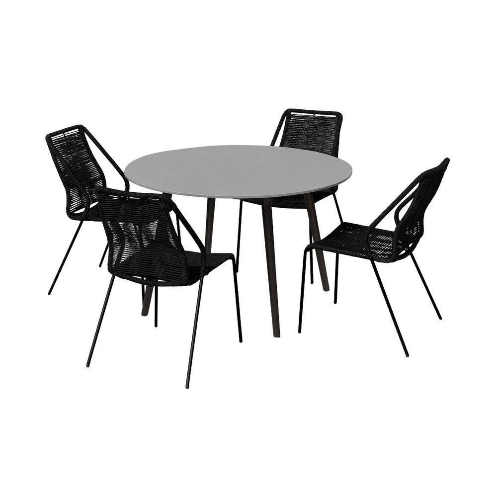 Kolu 5pc Patio Dining Table Set | 4 Black Rope Chairs | 47" Round Sintered Stone Top