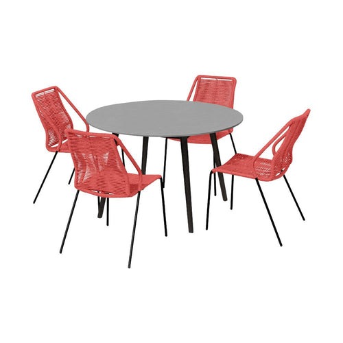 Kolu 5pc Patio Dining Table Set | 4 Red Rope Chairs | 47" Round Sintered Stone Top