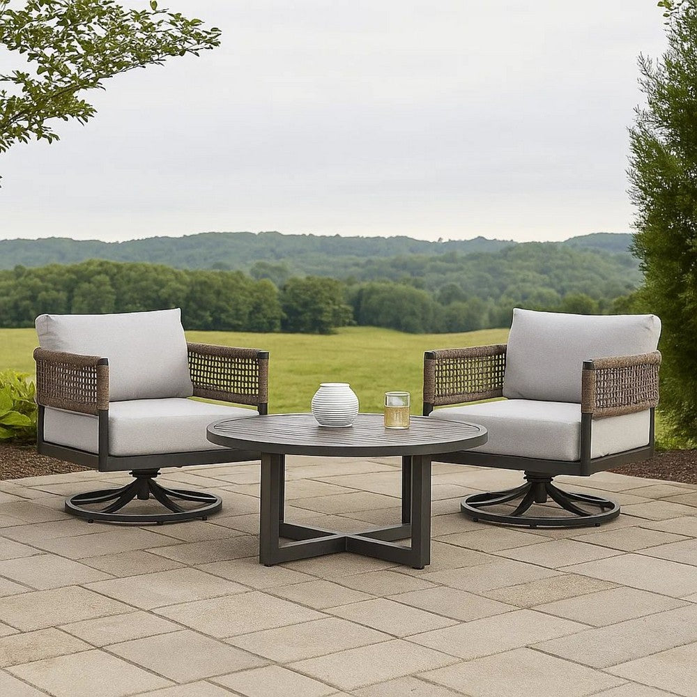 Argy 3pc Outdoor Lounge Set | Black Metal Coffee Table | 2 Gray Rope Chairs w Cushions