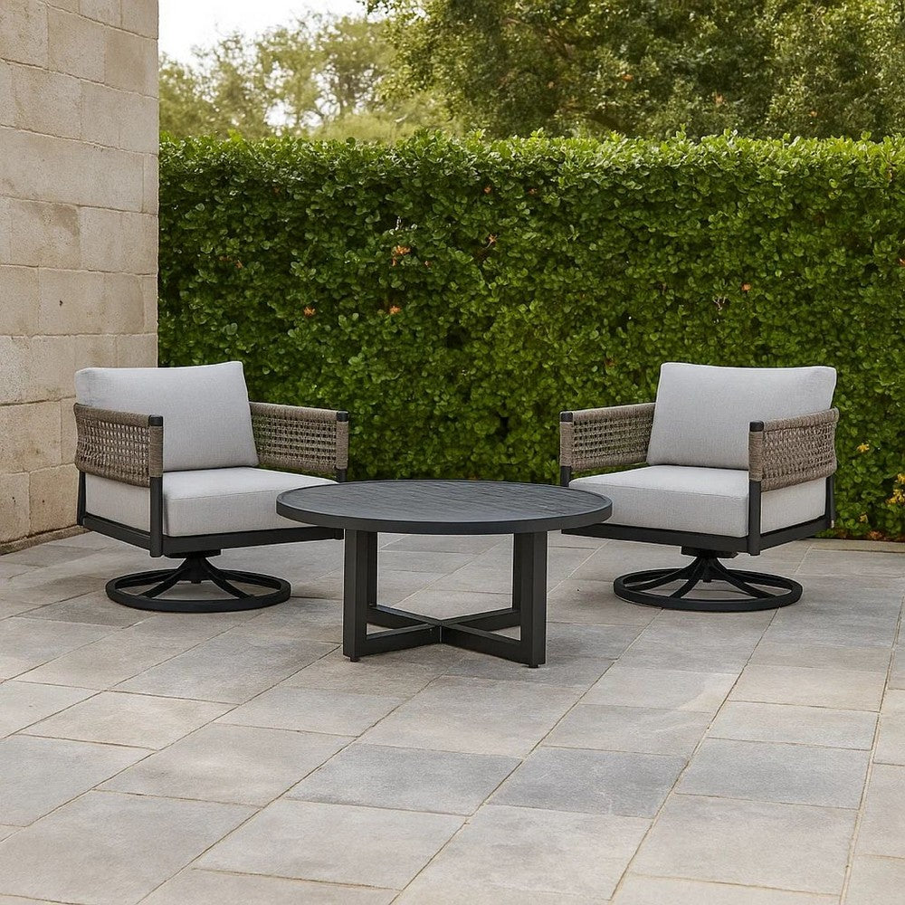 Argy 3pc Outdoor Lounge Set | Black Metal Coffee Table | 2 Gray Rope Chairs w Cushions