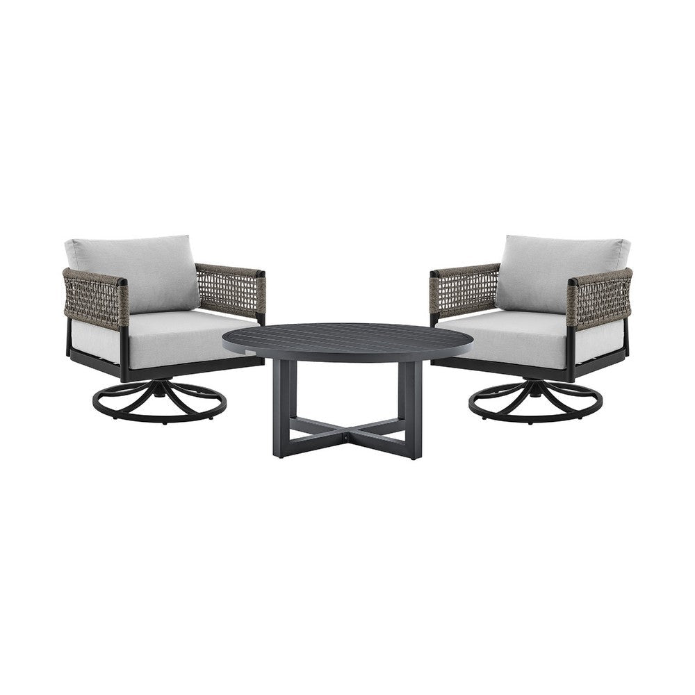 Argy 3pc Outdoor Lounge Set | Black Metal Coffee Table | 2 Gray Rope Chairs w Cushions