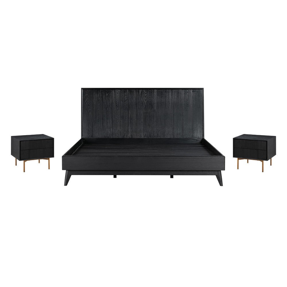Deona 3pc King Size Bedroom Set with 2 Nightstand | Brushed Black Oak Wood