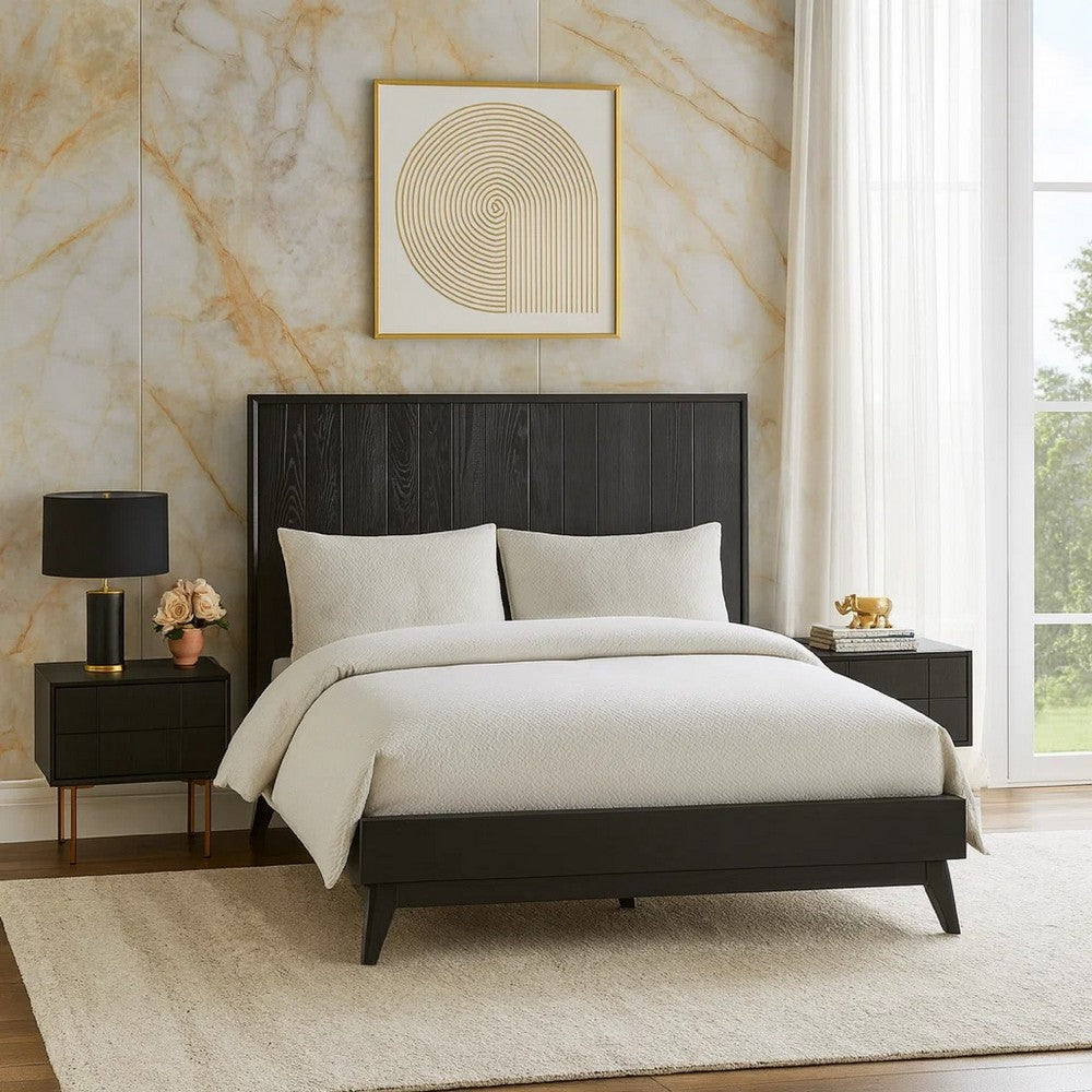 Deona 3pc Queen Size Bedroom Set with 2 Nightstands | Brushed Black Oak Wood