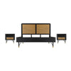 Theo 3pc King Bed Set w Rattan Headboard | 2 Nightstands | Black Acacia Wood