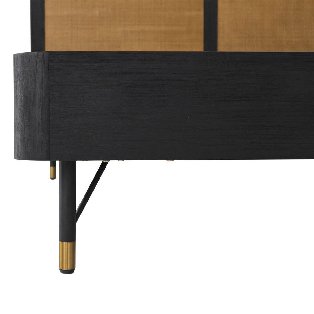 Theo 3pc Queen Bed Set w Rattan Headboard | 1 Nightstands | Black Acacia Wood BM338996