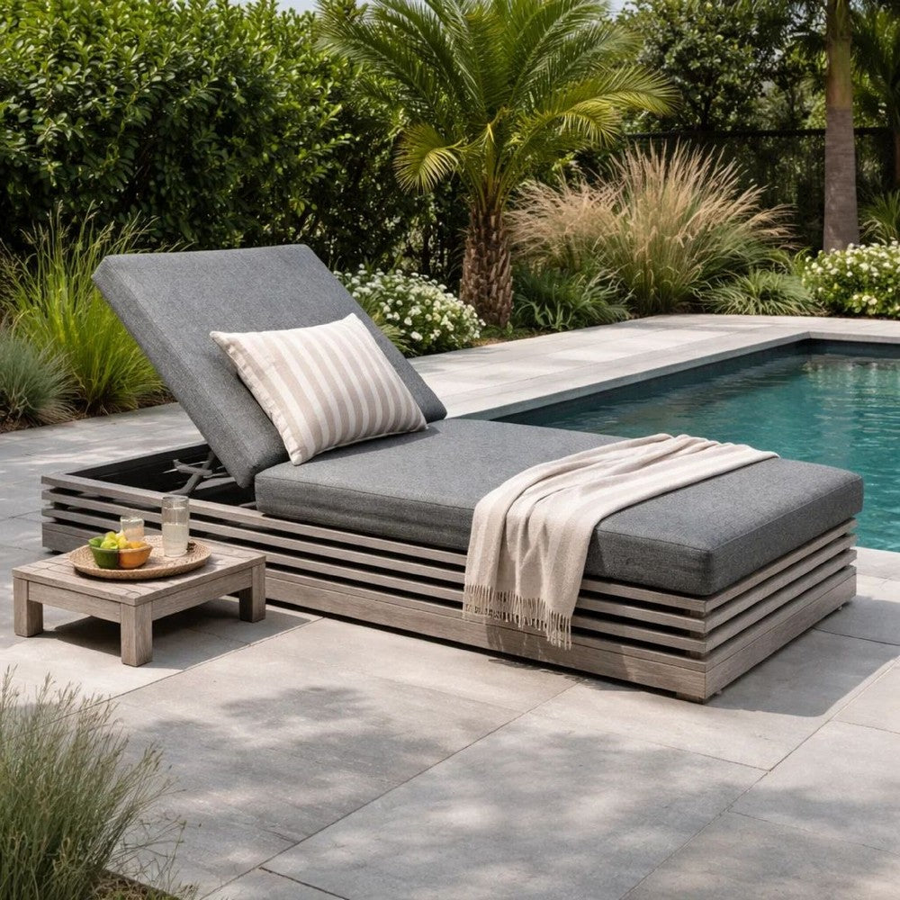 Hida Chaise Lounge Chair | Gray Eucalyptus | Olefin Cushions | 82"