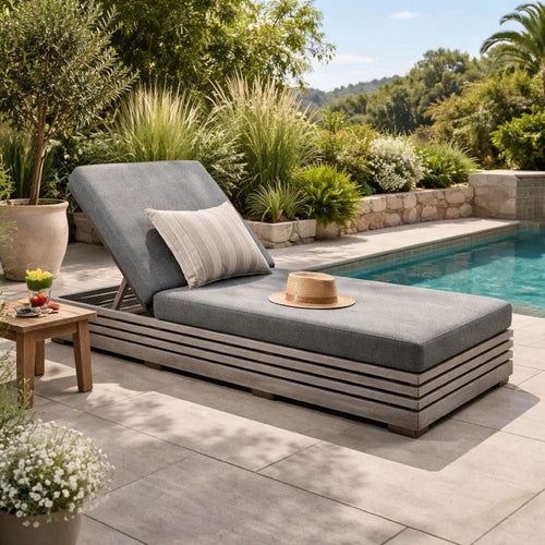 Hida Chaise Lounge Chair | Gray Eucalyptus | Olefin Cushions | 82"