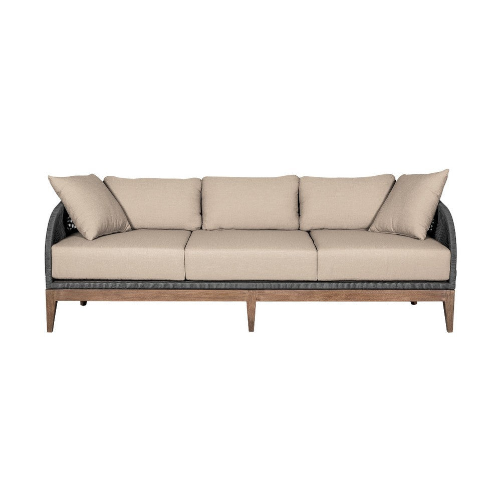Kimi Outdoor Patio Sofa | Brown Wood | Gray Rope | Taupe Olefin | 82"