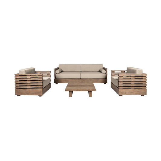 Hida Patio 4pc Coffee Table Sofa & Chairs Set | Light Brown Wood | Taupe Olefin
