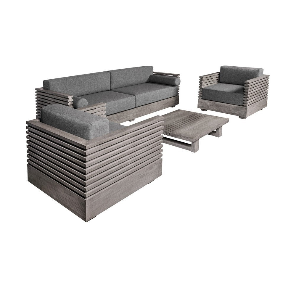 Hida 4pc Patio Set | Coffee Table | Sofa & Chairs | Gray Wood & Taupe Olefin BM339008