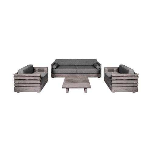Hida 4pc Patio Set | Coffee Table | Sofa & Chairs | Gray Wood & Taupe Olefin