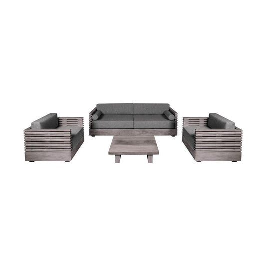 Hida 4pc Patio Set | Coffee Table | Sofa & Chairs | Gray Wood & Taupe Olefin