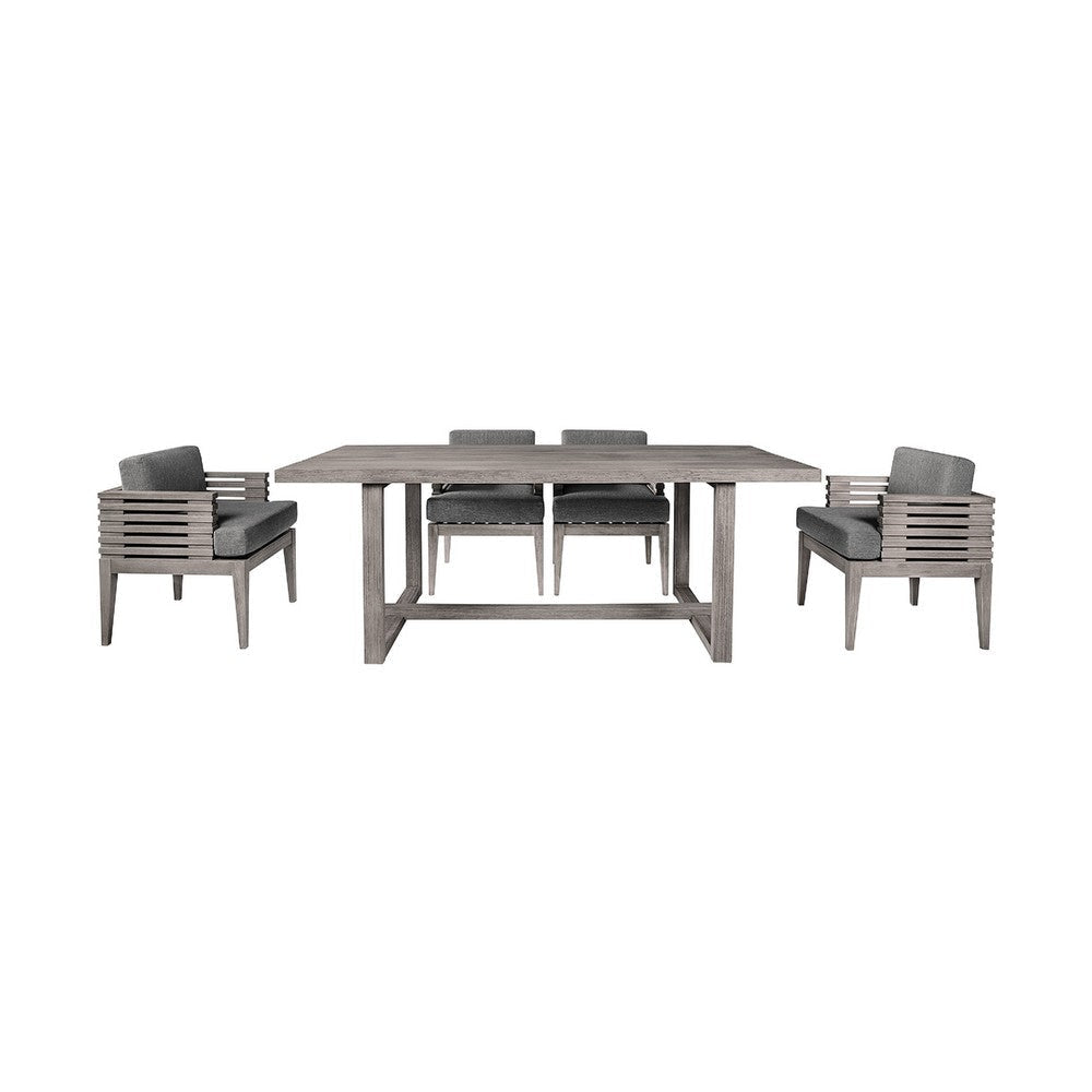 Hida 5pc Outdoor Dining Table Set | 4 Chairs | Gray Wood | Olefin Cushions