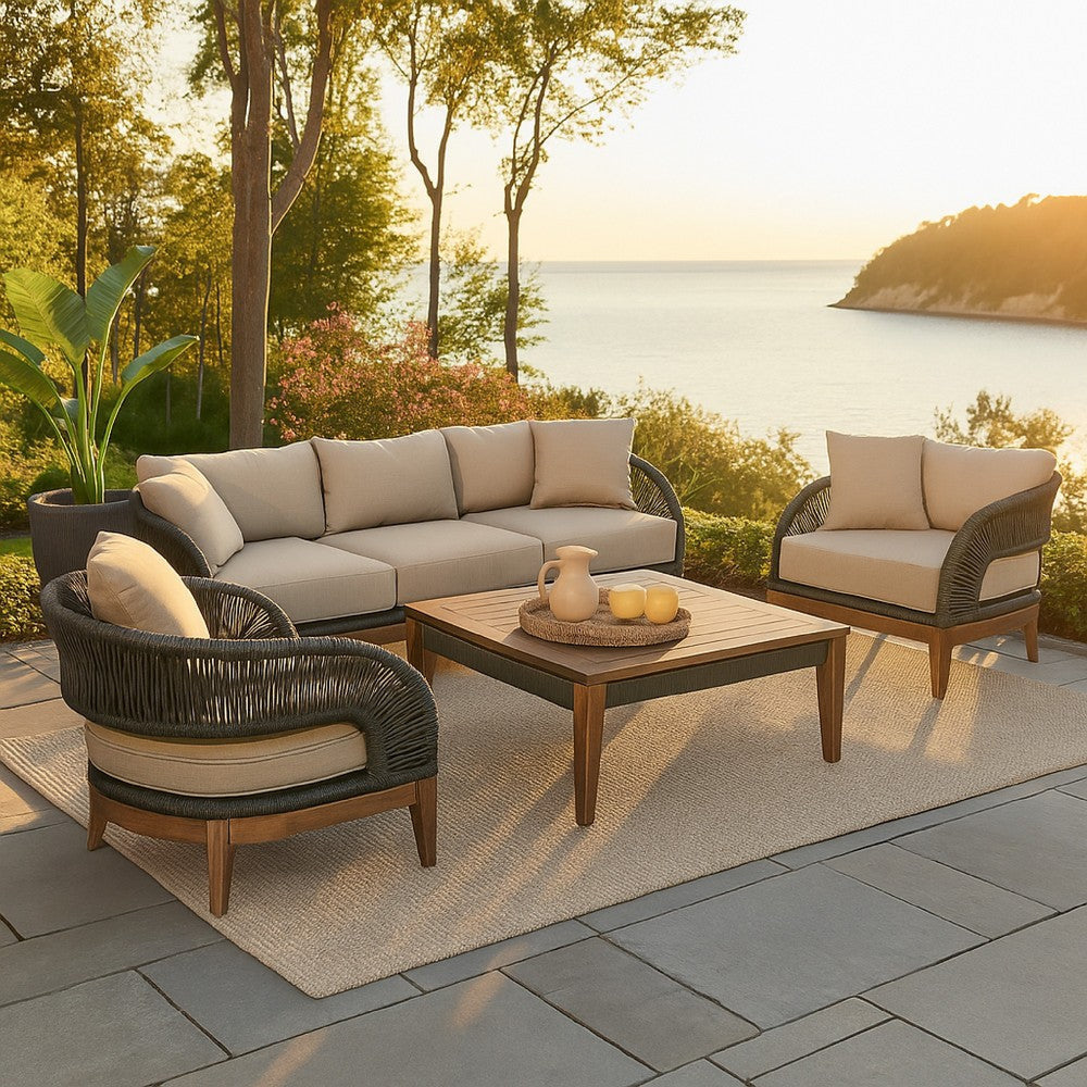 Kimi Outdoor 4pc Set | Sofa Chairs & Coffee Table | Brown Wood | Taupe Olefin BM339011