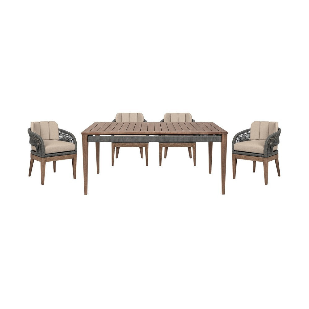 Kimi 5pc Patio Dining Table & 4 Chairs Set | Brown Wood | Gray Rope | Taupe Olefin BM339012