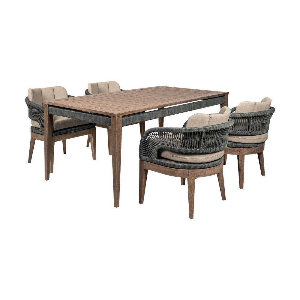 Kimi 5pc Patio Dining Table & 4 Chairs Set | Brown Wood | Gray Rope | Taupe Olefin