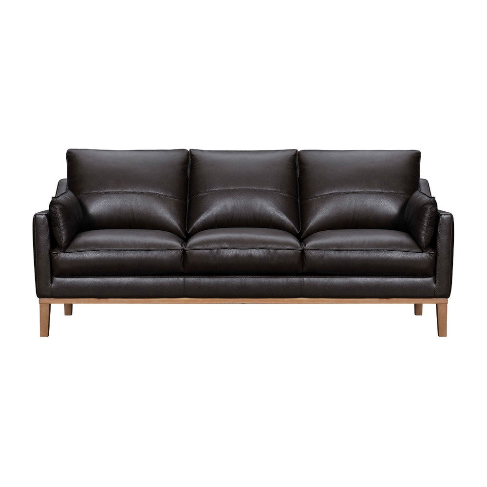 Neila Sofa | Soft Dark Brown Leather Cushions | Light Brown Wood | 87"