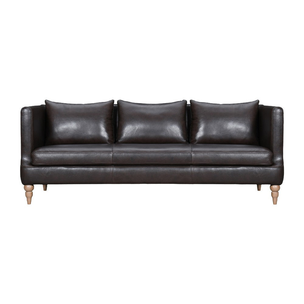 Venna Sofa | Dark Brown Leather | Light Brown Wood Legs | 85"