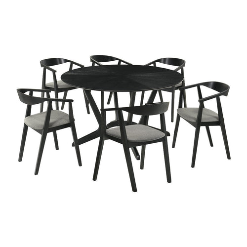Alana 7pc Dining Table Set | Black Wood | Metal | 6 Charcoal Gray Chairs
