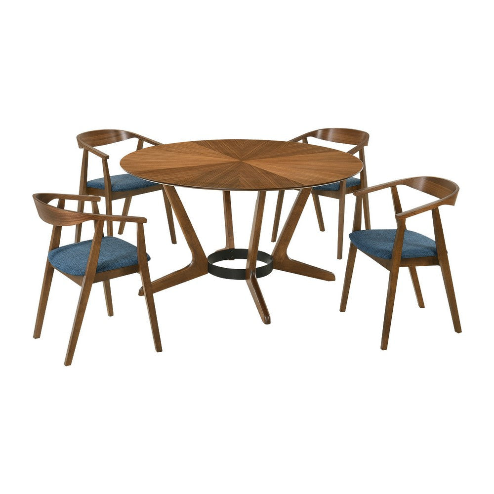 Alana 5pc Round Dining Table Set | Walnut Brown Wood | 4 Blue Chairs