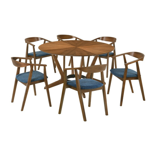 Alana 7pc Round Dining Table Set | Walnut Brown Wood | 6 Blue Chairs