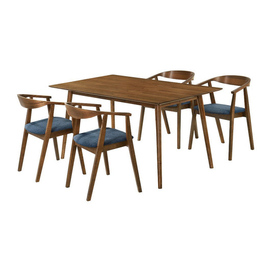Wena Alana 5pc Dining Table Set | Walnut Brown Wood | 4 Blue Chairs