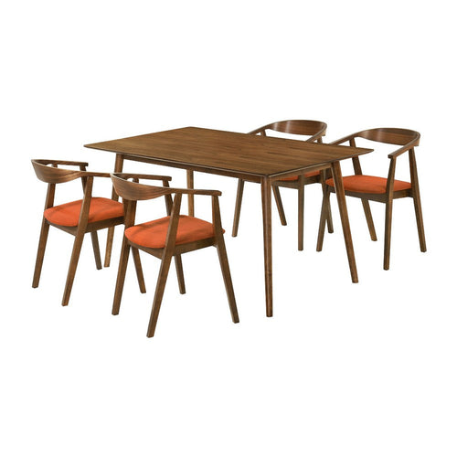 Wena Alana 5pc Dining Table Set | Walnut Brown Wood | 4 Orange Chairs
