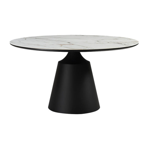 Loxi Dining Table | Round 55" Gray Stone Top | Black Metal Pedestal