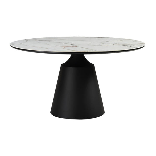 Loxi Dining Table | Round 55" Gray Stone Top | Black Metal Pedestal