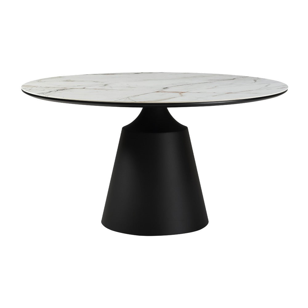 Loxi Dining Table | Round 55’’ Gray Stone Top | Black Metal Pedestal BM339041