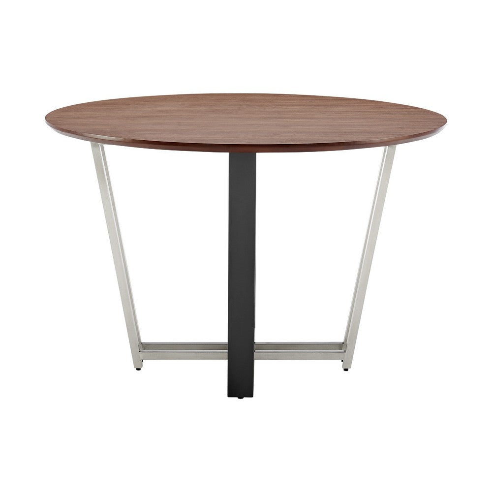 Leyne 48’’ Round Dining Table | Stainless Steel & Black Iron | Walnut Veneer